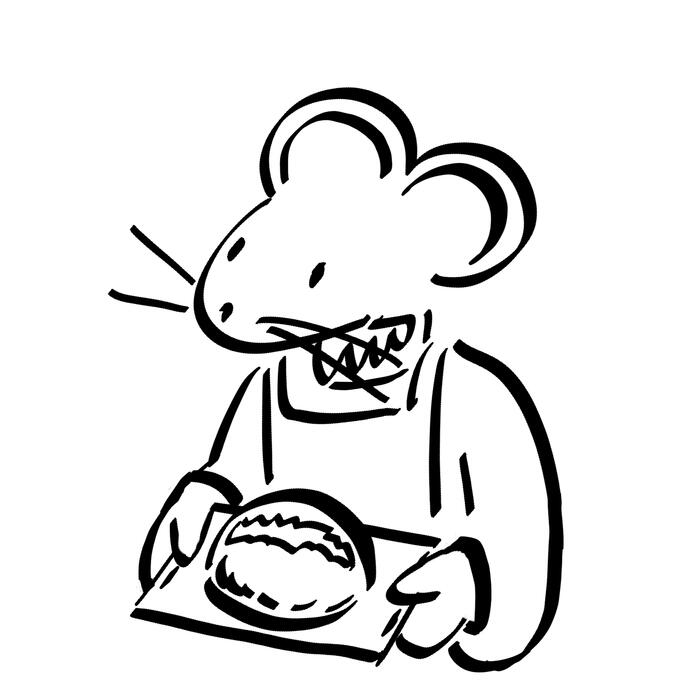 A mouse wearing a turtleneck sweater, an apron, and oven mitts is holding out a sourdough loaf.