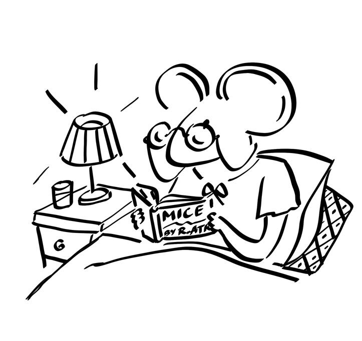 A mouse wearing glasses is sitting in her bed, reading a book called "Mice" by R. Atkins. On her bedside table, there is a lamp and a glass of water.