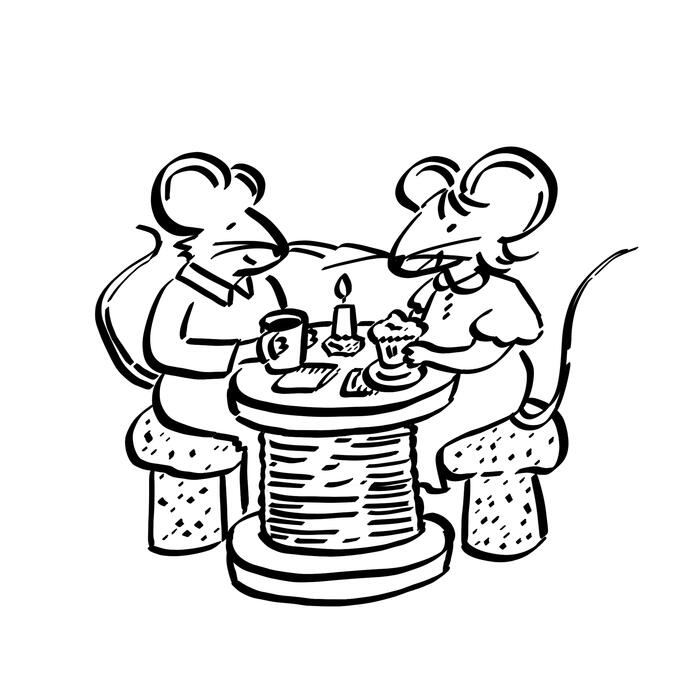 A couple of mice having coffee and muffins while on their date. They are both sitting on top of used corks and their table is a spool of thread.