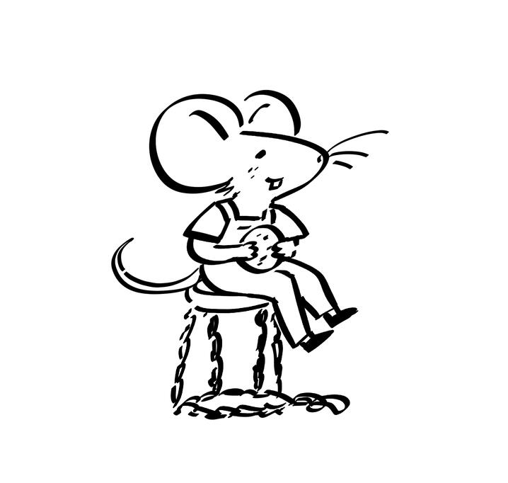 A mouse wearing suspenders is holding a cookie while sitting on top of a a cork protector.