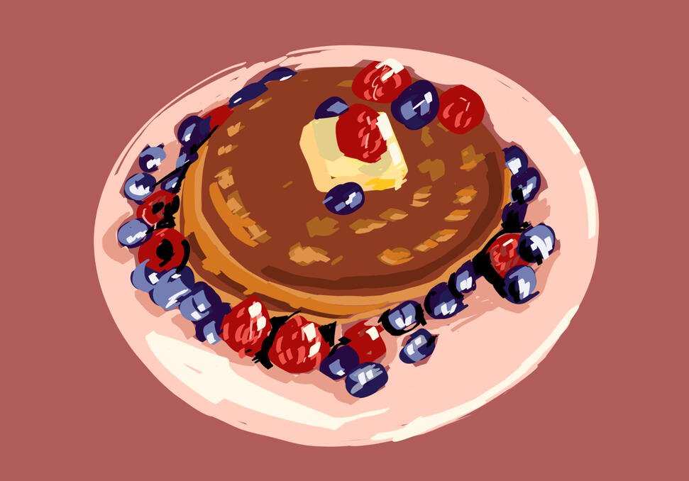 A top-view illustration of pancakes with a pat of butter and a handful of blueberries and raspberries.