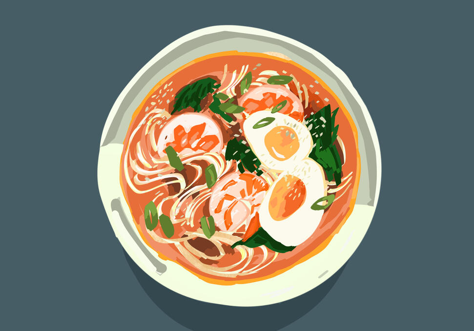 A top-view illustration of a seafood ramen.