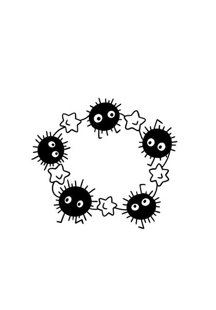 A black and white tattoo design of five soot sprites from Miyazaki's "Spirited Away" holding star candies between them.