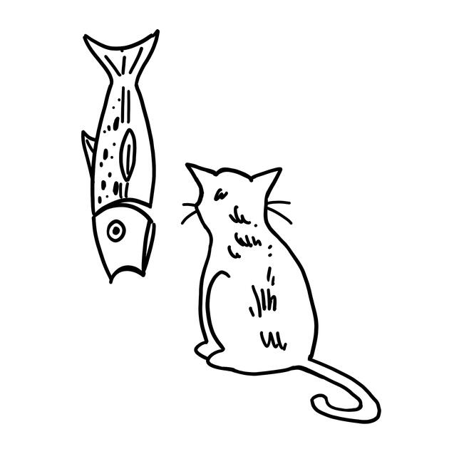 A tattoo design of a cat staring at a hung salmon.