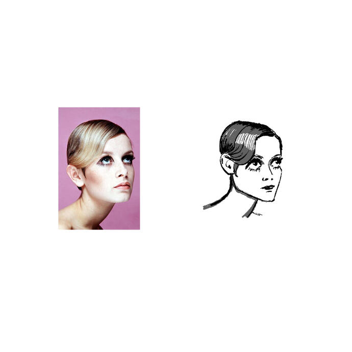 A reference image of Twiggy beside a minimalist illustration.