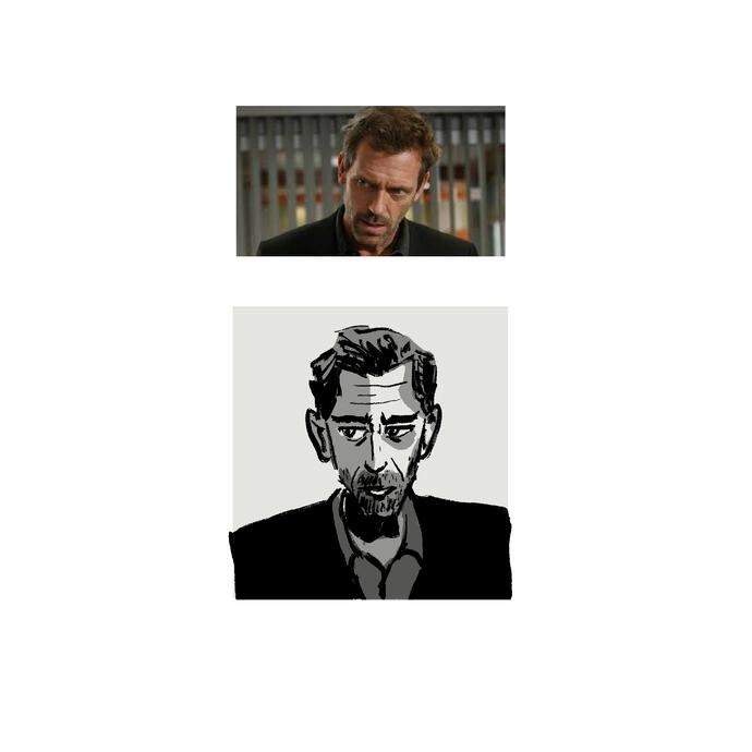 A reference image of Hugh Laurie in "House" beside an illustration with moderate details.