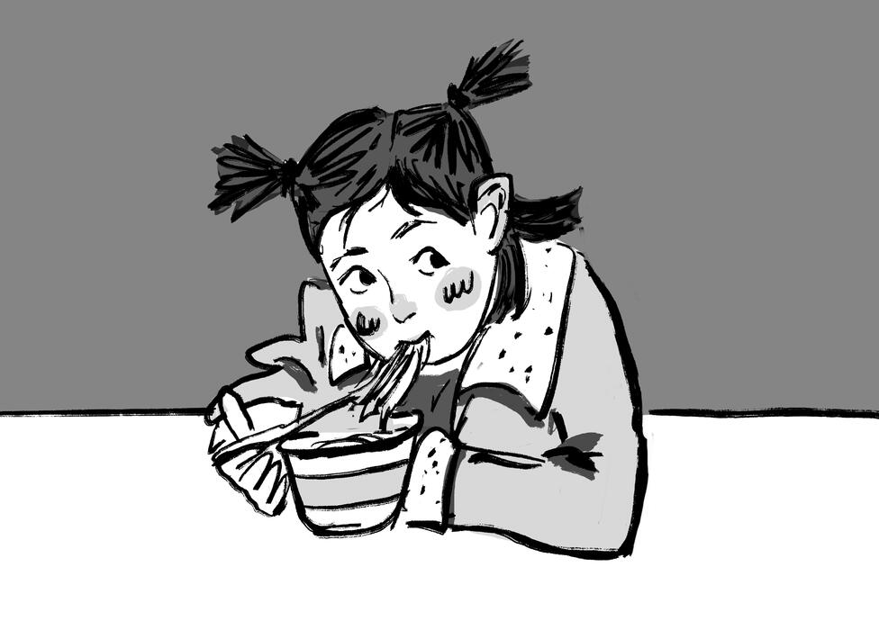 A drawing study of a young girl eating noodles with a thick jacket. Reference picture was taken from Todd Anderson on Pinterest. No other information available online.