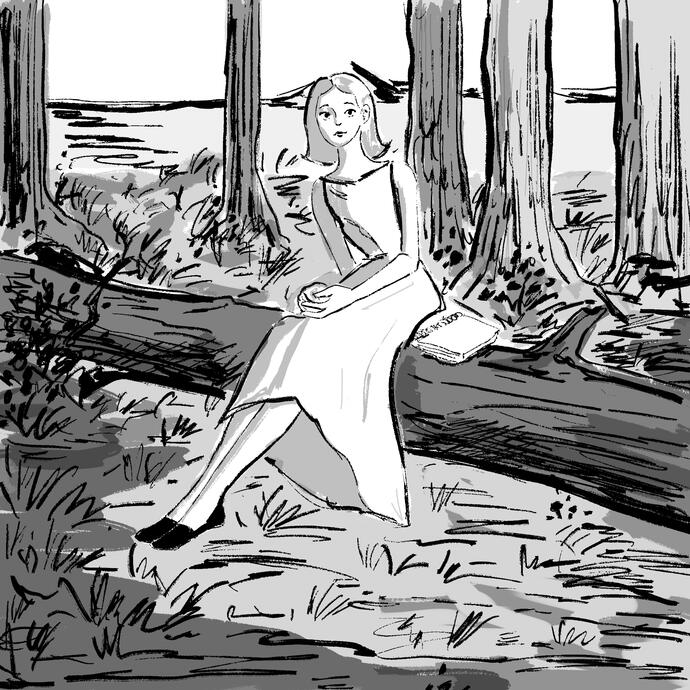 A black and white drawing study of Audrey Hepburn in Palm Grove. She is sitting on top of a fallen tree trunk with a notebook beside her.